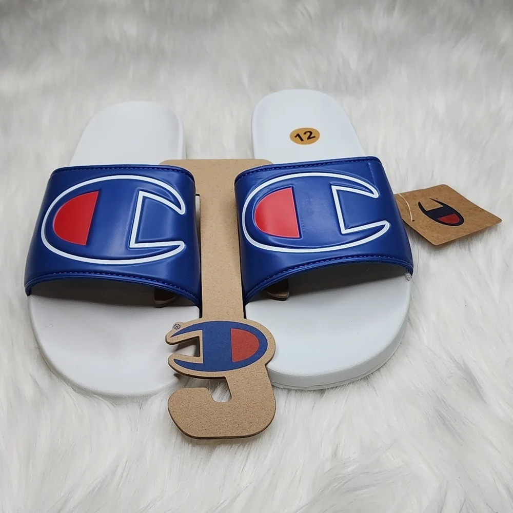 Champion IPO Royal White Slides Sandals Flip Flops